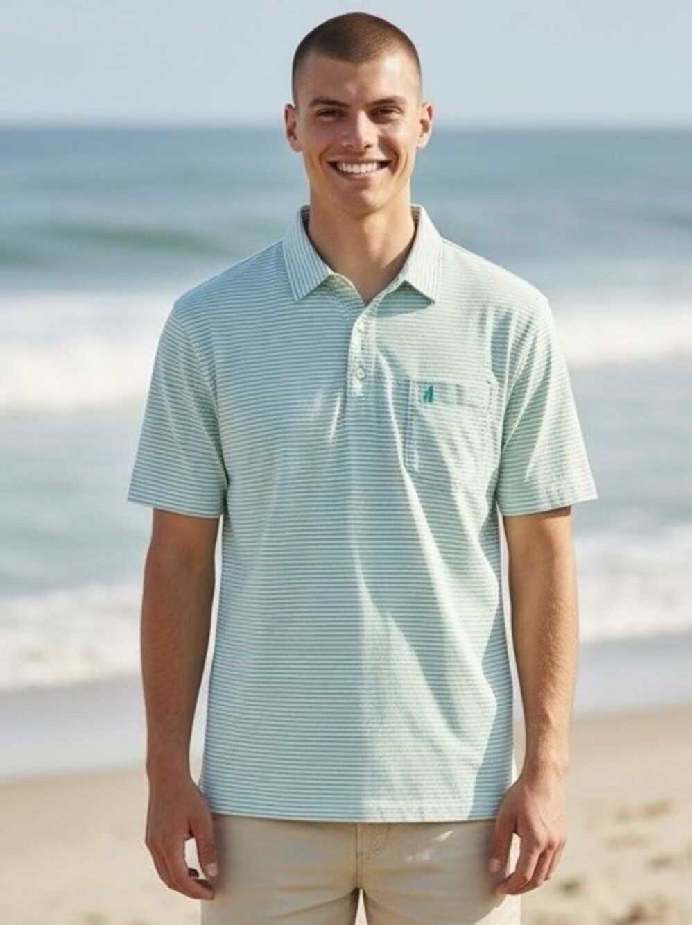 Johnnie-O  NEW! Mens L Large Mint Green Striped Short Sleeve Pocket Polo Shirt